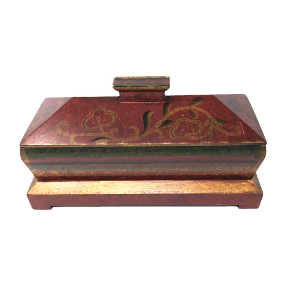 Pier 1 Imports Decorative Wooden Box w/ Lid Red Gold Hand-Painted Mantel Dresser - Picture 4 of 16